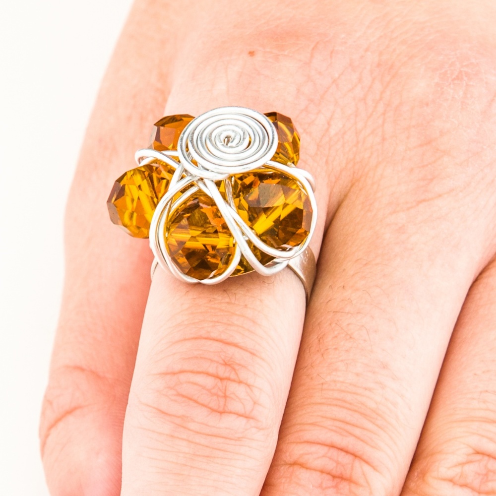 Silver Wrapped Amber Flower Gem Ring